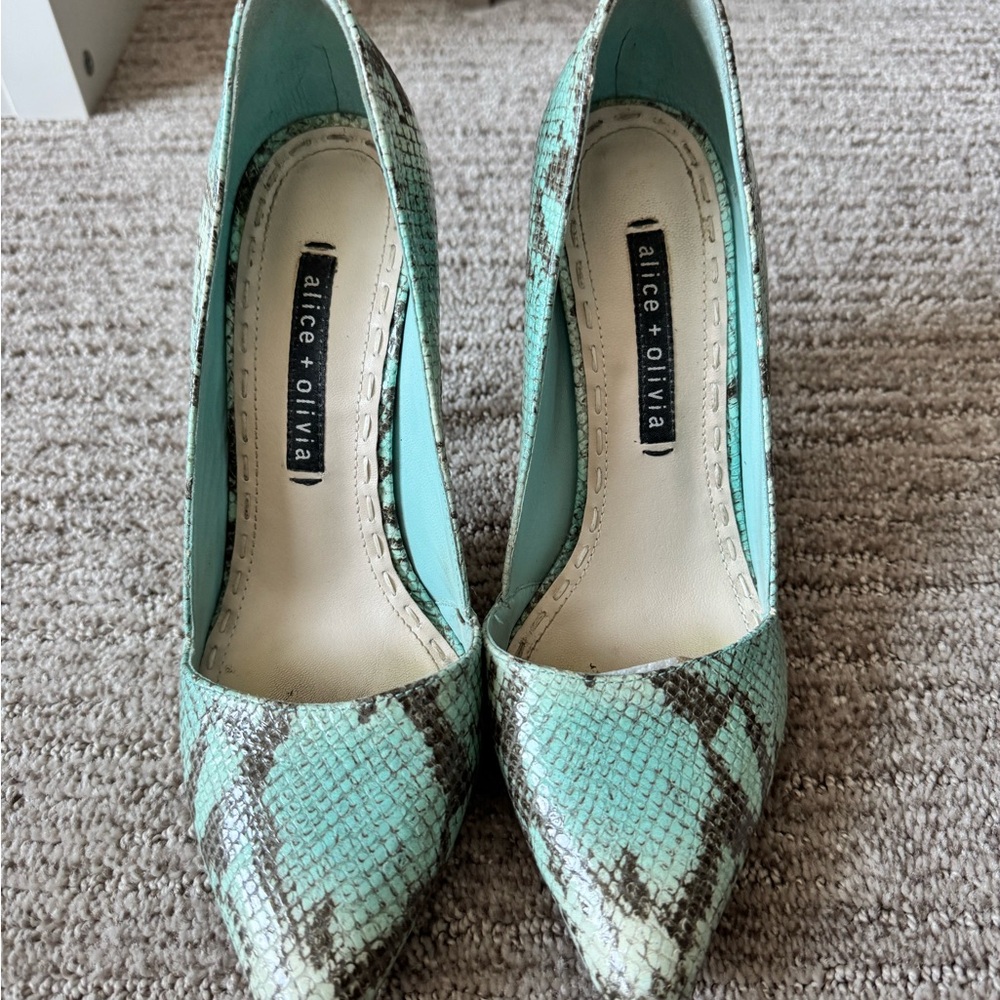 Alice + Olivia Turquoise Snakeskin Heels